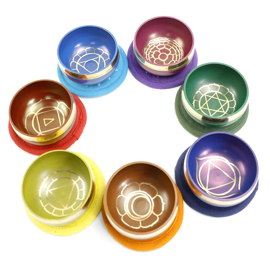 7.8cm handmade Himalaya singing bowl in seven colours: orange red, green, blue, sky blue, purple, yellow, red