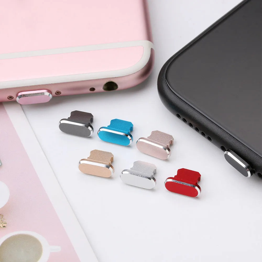 Aluminium alloy dust plug for iPhone charging port in gold, silver, blue, red, grey, black, and rose gold colours.