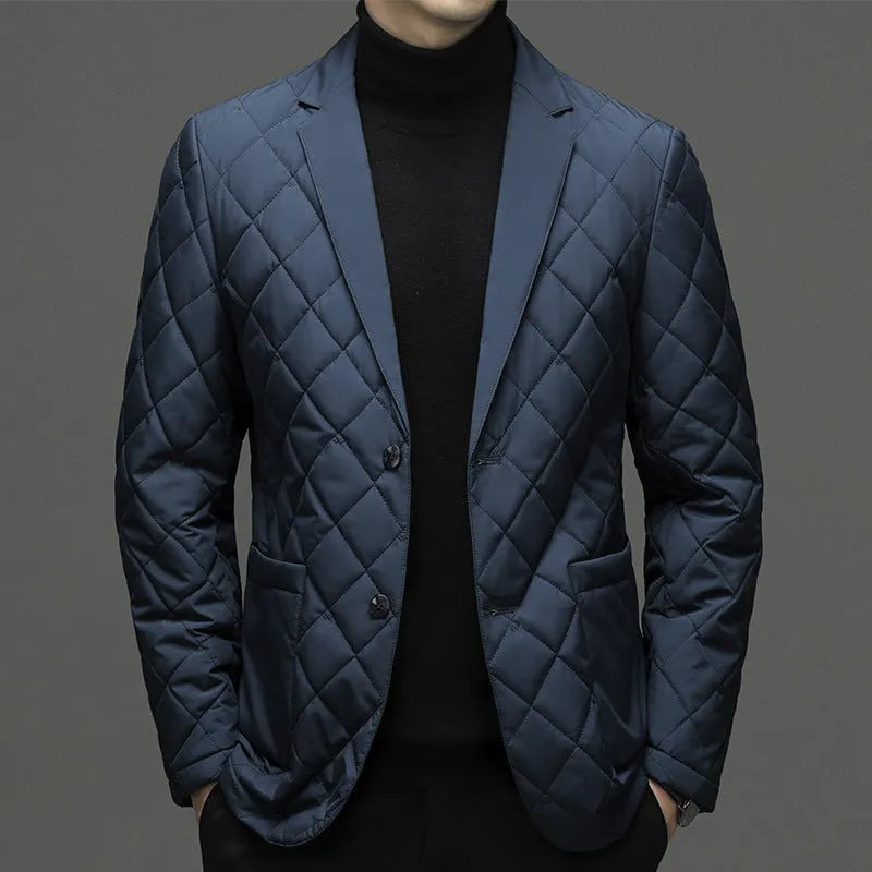 Men's black lapel down jacket with side pockets shown on model, winter cardigan coat