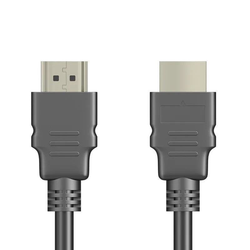 Black HDMI data cable with metal connectors for connecting a set-top box to a television.
