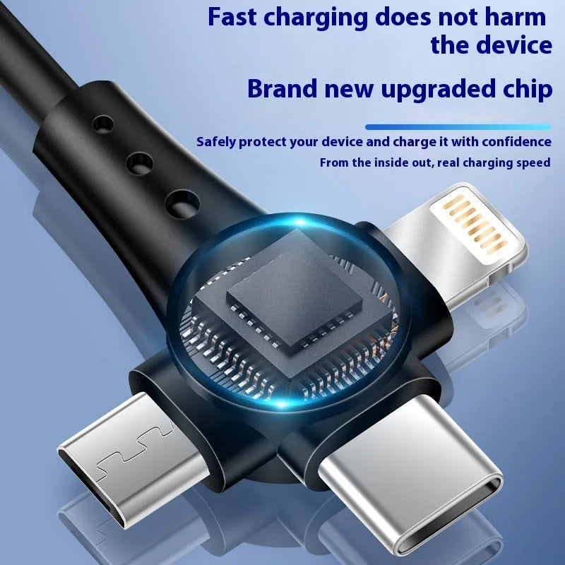 Black telescopic three-in-one charging cable with Lightning, Micro USB and Type-C interfaces