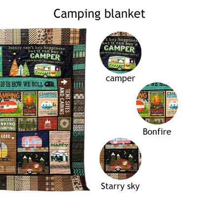Soft hypoallergenic outdoor camping blanket in 100% polyester with lamb cashmere texture, available in multiple sizes.