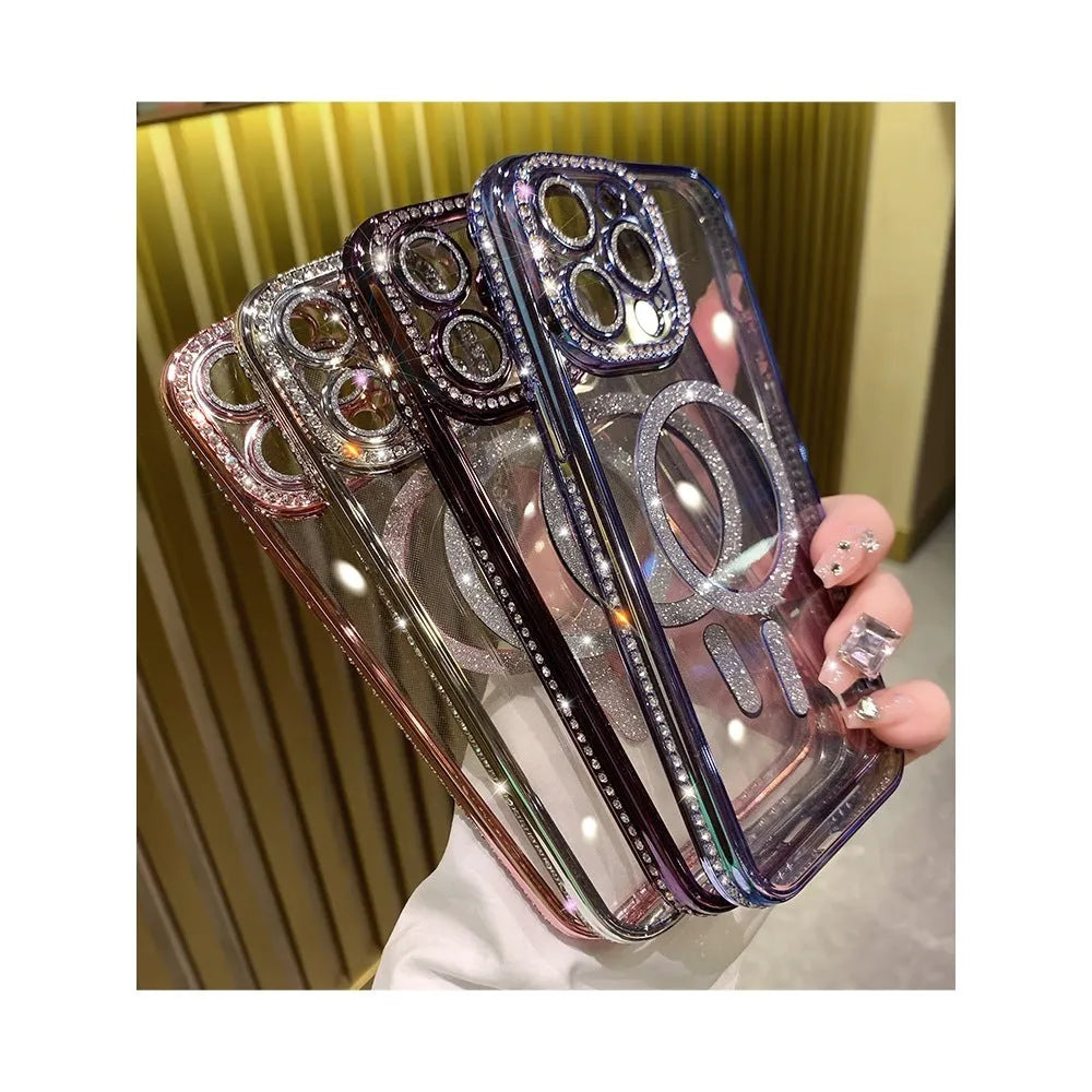 Magnetic soft silicone iPhone case in deep purple showing electroplating details.