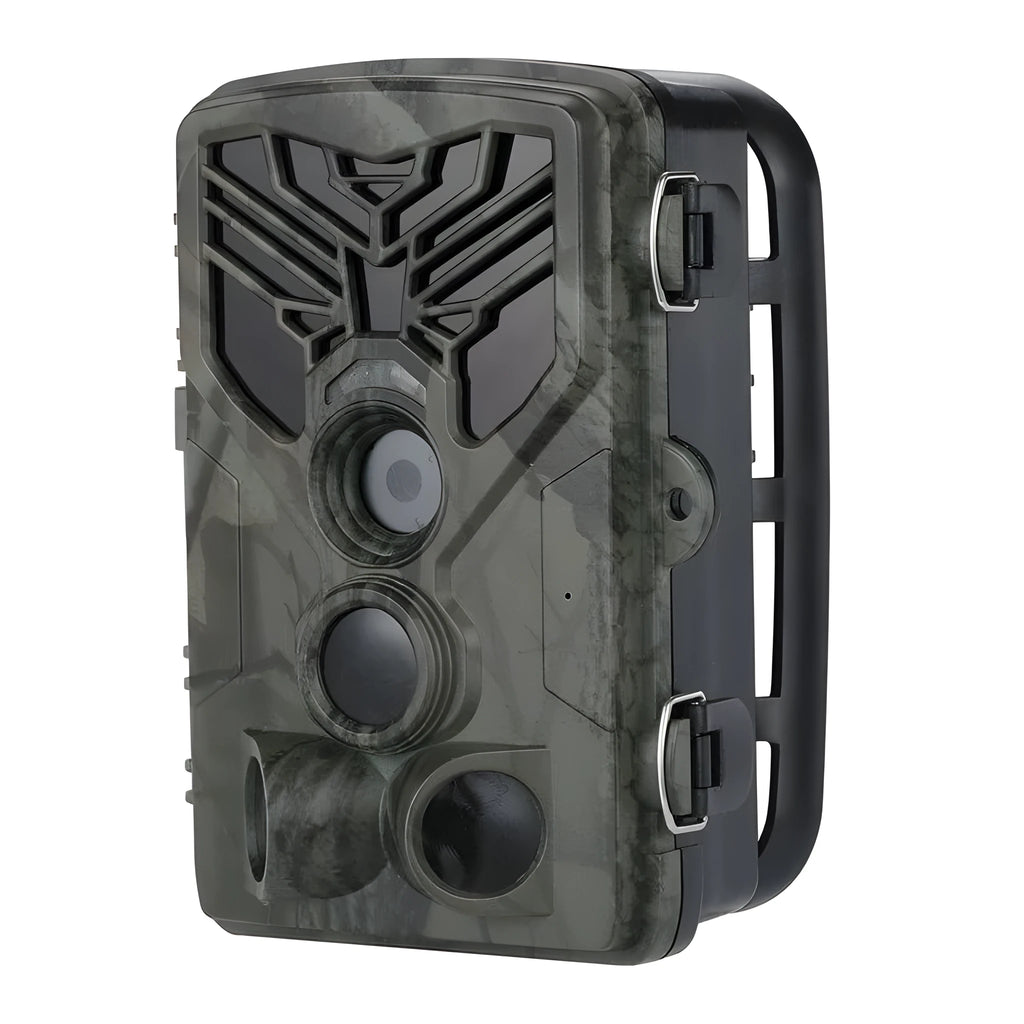 Wifi830 compact WiFi hunting camera with camouflage finish, showing lens and infrared LEDs