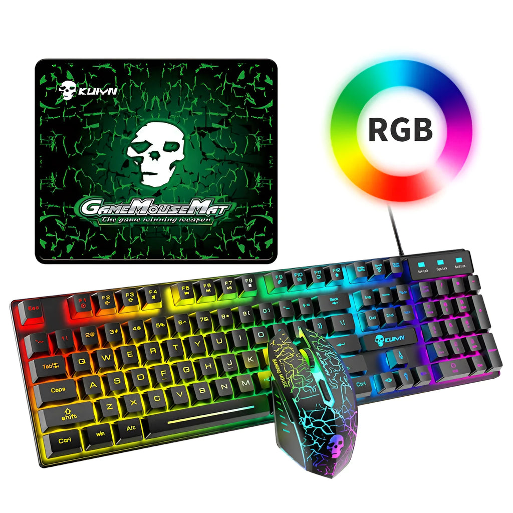 Kuiying T6RGB keyboard and mouse set in White RGB with rainbow lighting, mouse pad and manual, boxed 55 x 15.3 x 5 cm