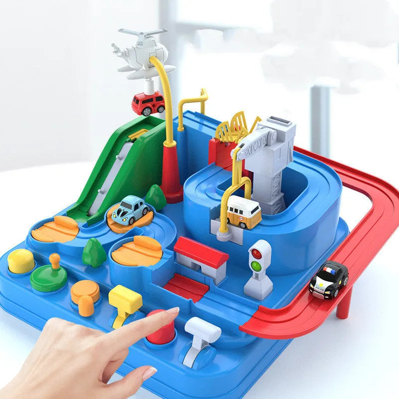 Children's plastic toy car track set with handle remote control and multiple trolley cars