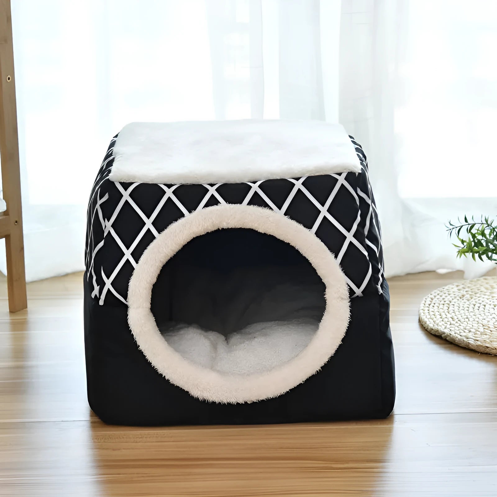 Closed cat room space box pet nest in grey velvet with enclosed design and high density sponge filling