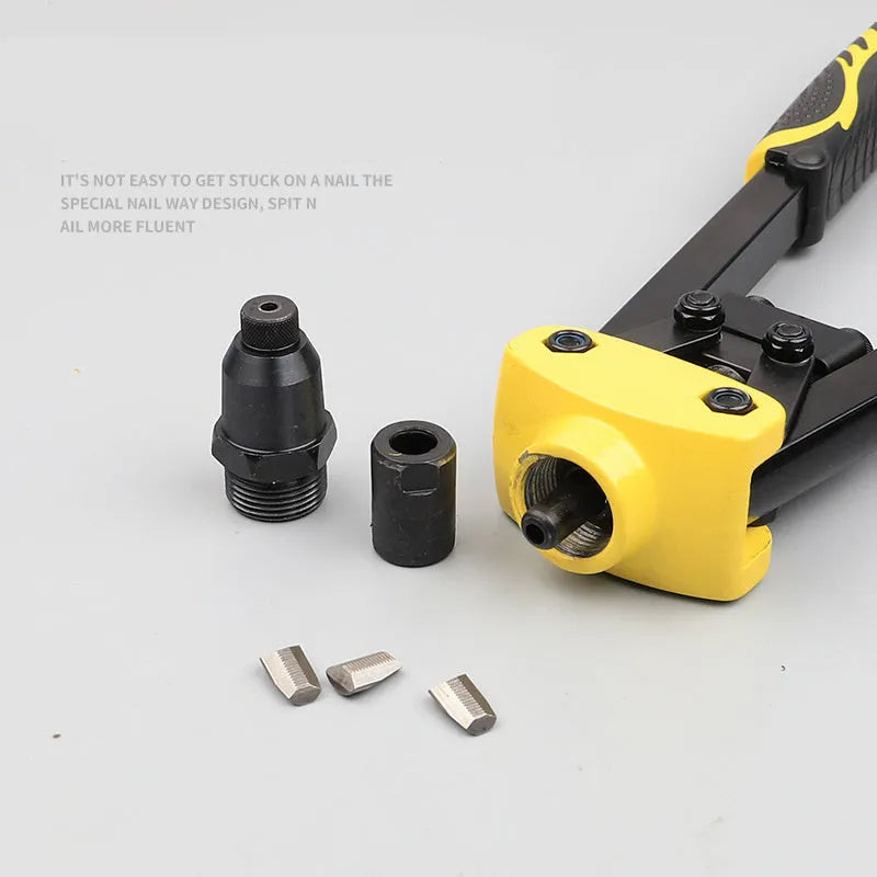 Yellow 13-inch manual rivet gun for household use with three built-in tip sizes