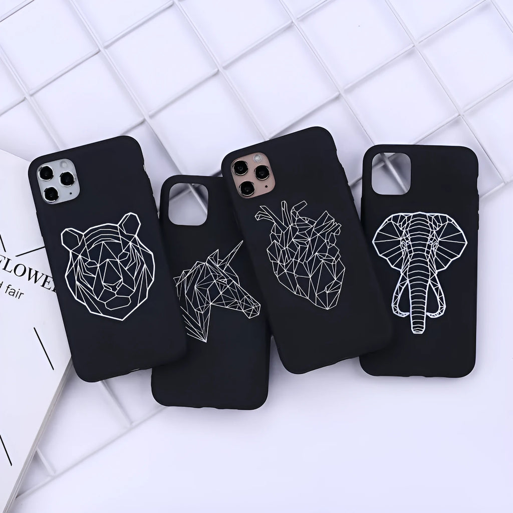 A TPU phone case with a painted line art drawing of a deer on a solid colour background.