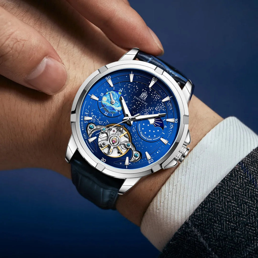 Men's blue dial automatic mechanical watch with stainless steel case, model T885B.