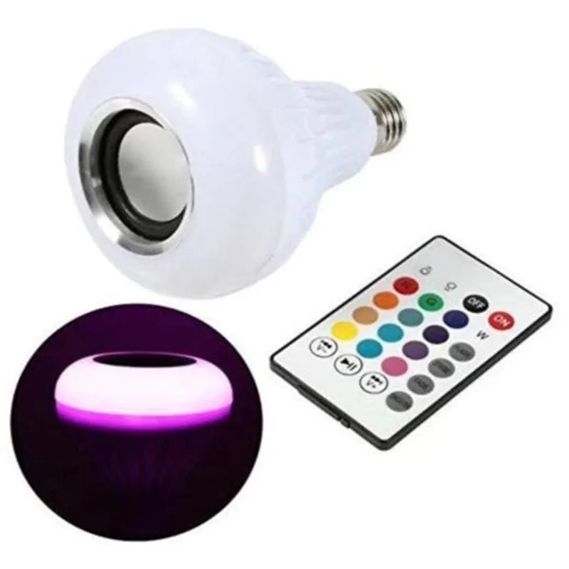White Bluetooth speaker LED light bulb with E27 base showing multicolour RGB lighting