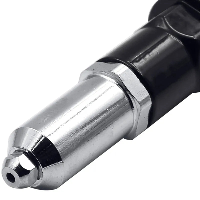 Black metal electric drill rivet gun attachment with wrench and four rivet heads.