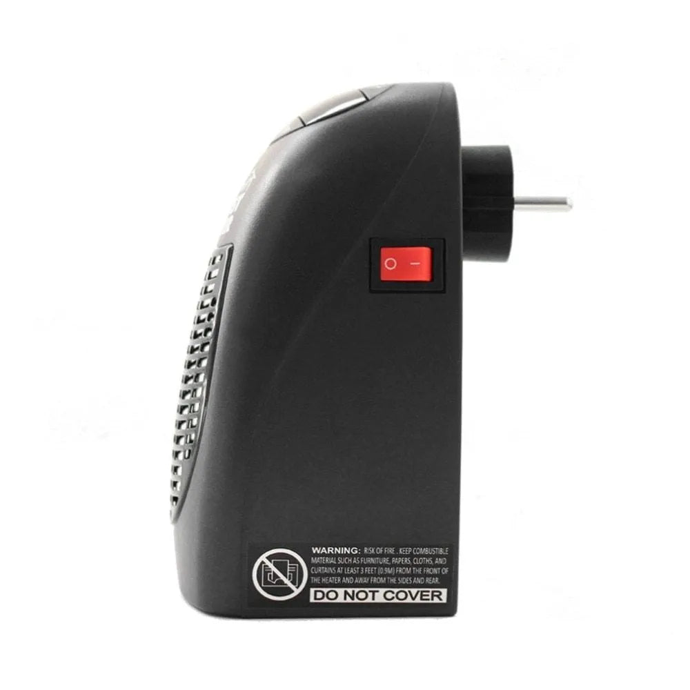 Black portable ceramic electric heater with digital display and rotating plug on a white background.