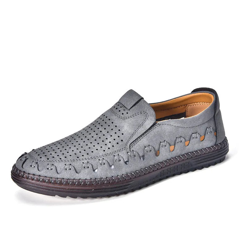 Men's brown casual slip-on shoes with round toe and flat heel design