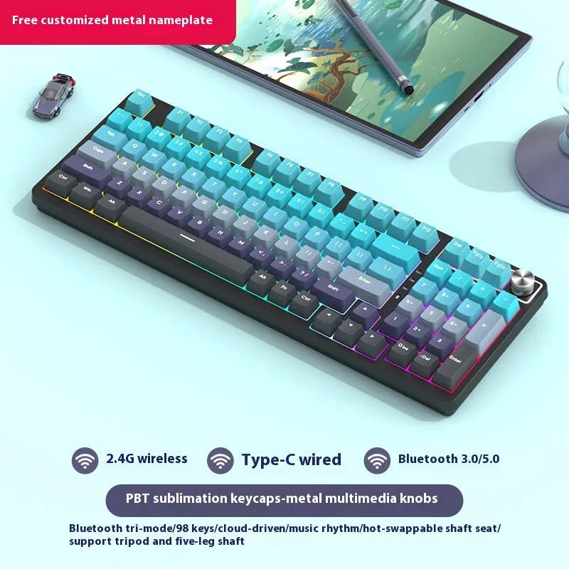 98-key wireless Bluetooth mechanical keyboard kit with metal knob on desk