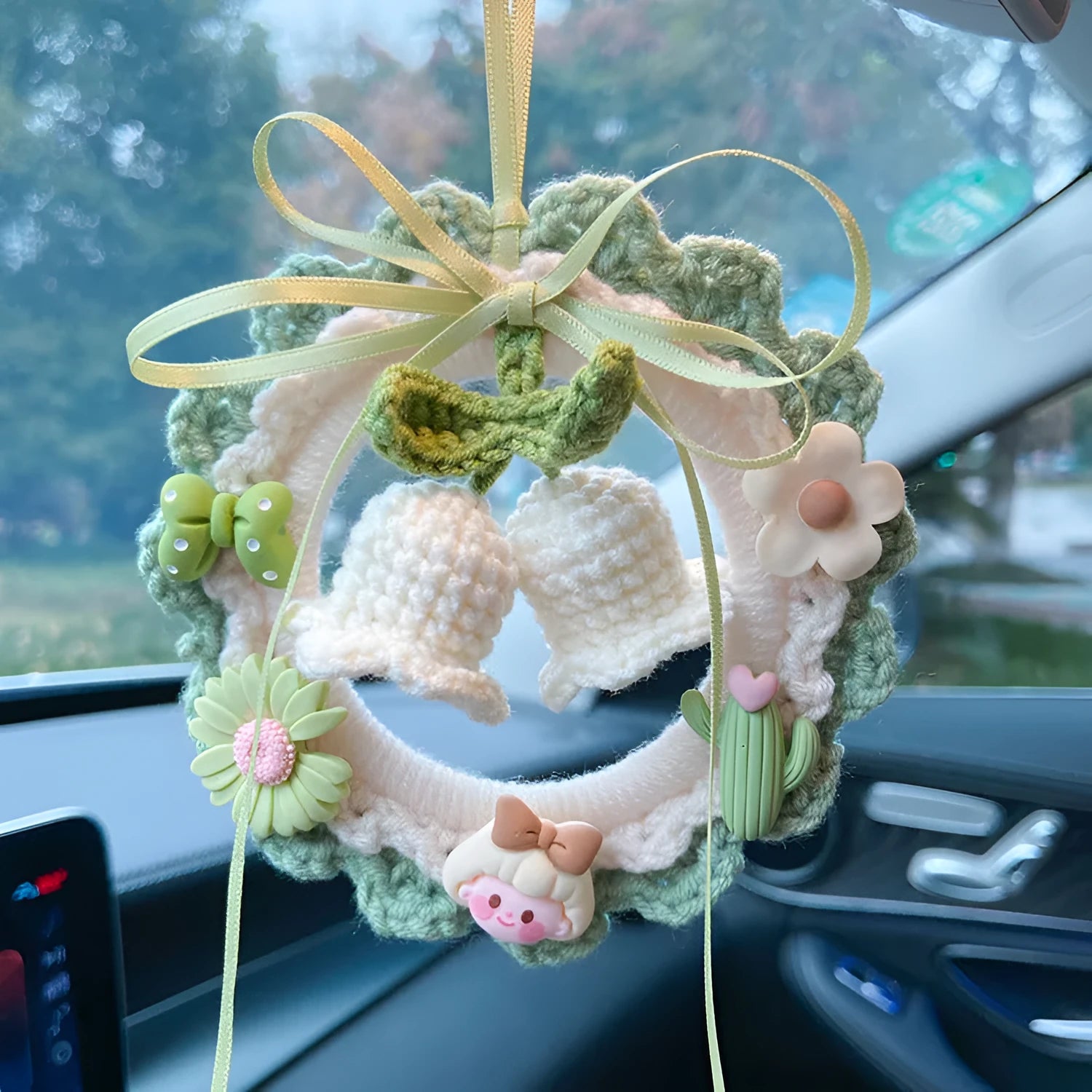 Woven wool bell orchid car pendant in multiple colours with optional dream catcher accessory