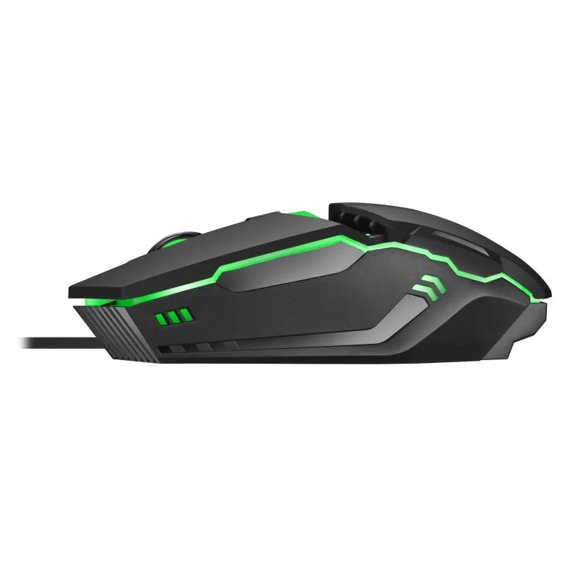M3 wired mouse in black on desk with USB cable visible showing three DPI adjustment levels
