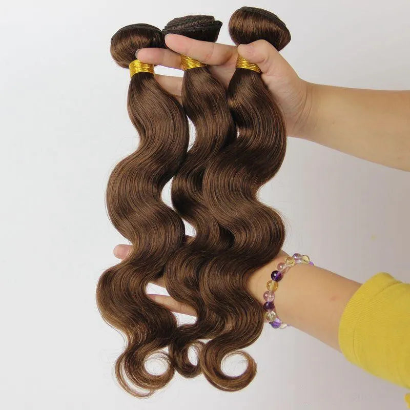 Human hair hood wig for ladies in brown colour, long length 12 to 26 inches, machine-made with high-grade hair shade bang