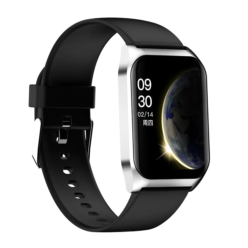 Black and silver smart watch with heart rate monitor on a silicone strap, showing its 1.69-inch screen.