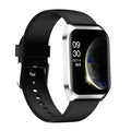 Black and silver smart watch with heart rate monitor on a silicone strap, showing its 1.69-inch screen.