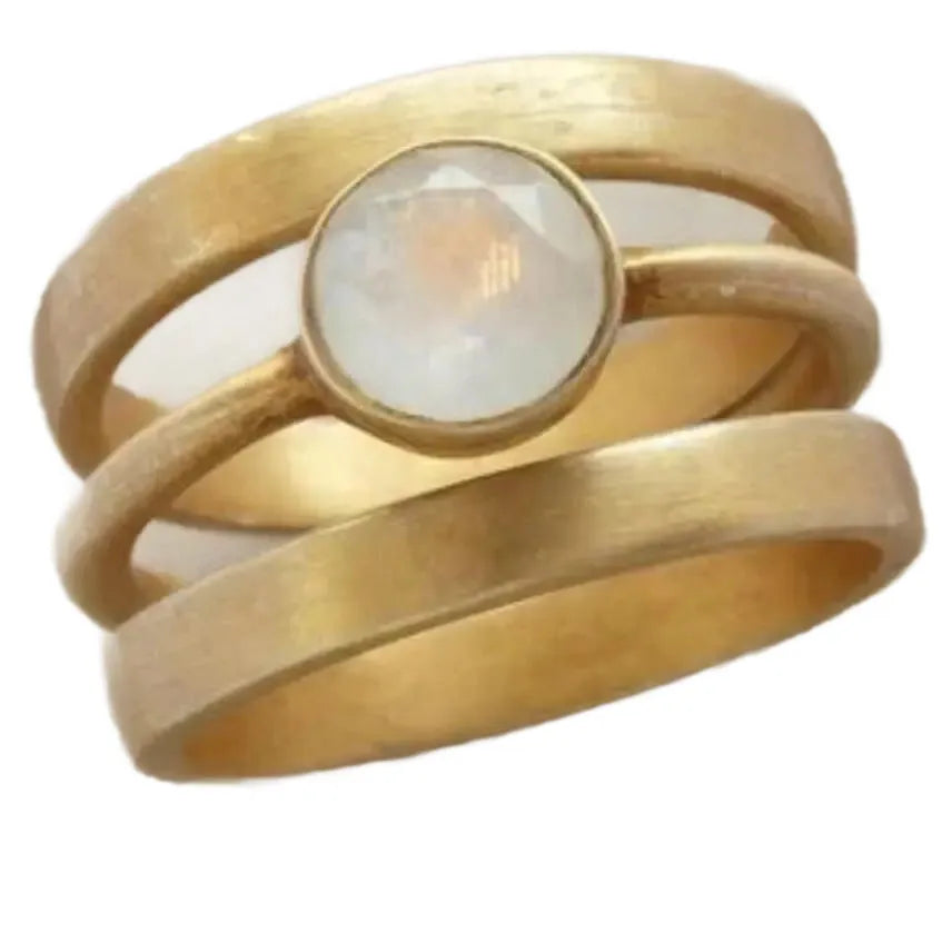 Gold-coloured geometric titanium steel ring with a micro-inlaid white chalcedony stone.
