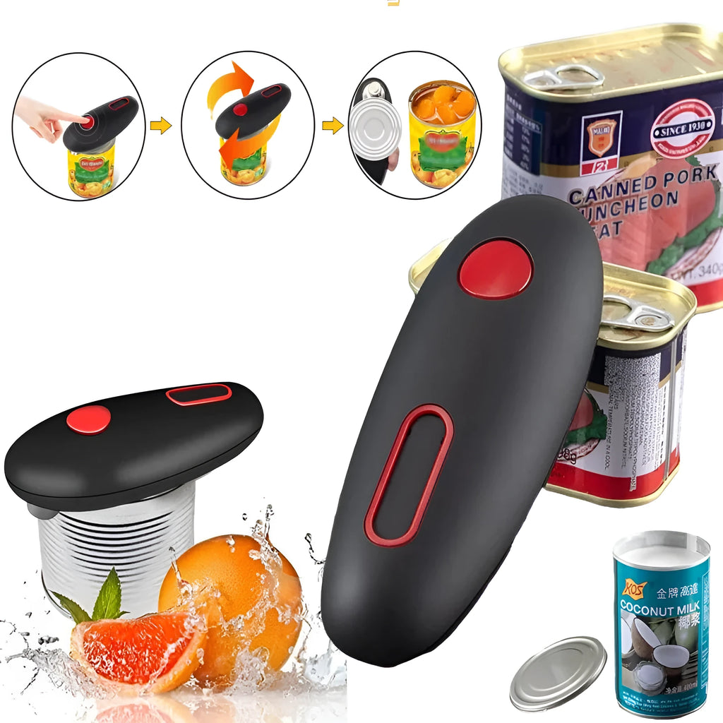 Black electric can opener gadget for opening cans, jars, and bottles