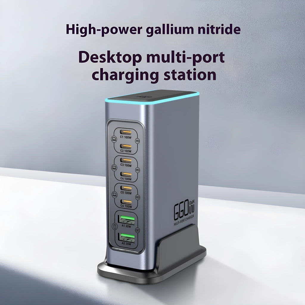 660W Gallium Nitride GaN desktop fast charger with multiple international plug options including US, EU, UK, AU.