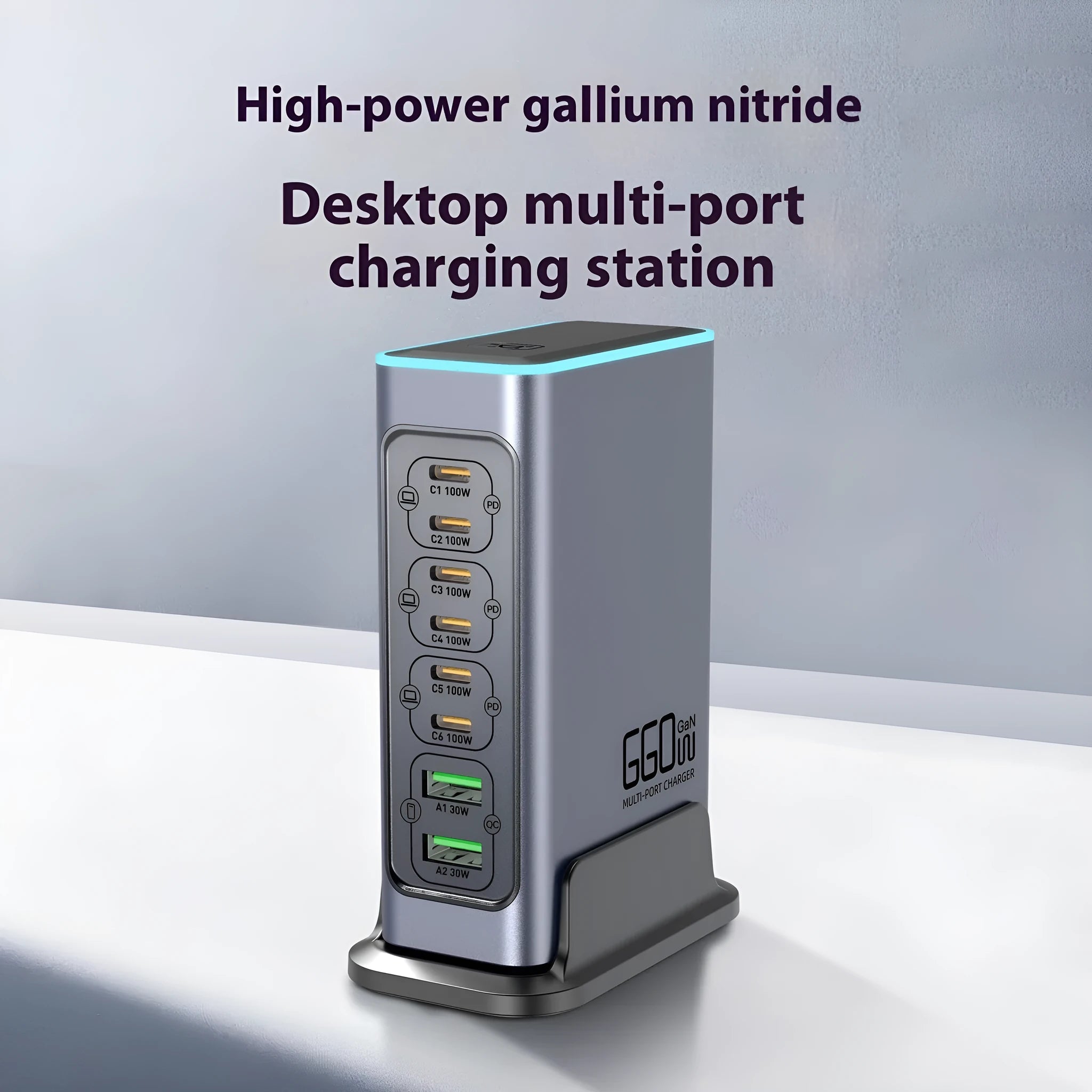 660W Gallium Nitride GaN desktop fast charger with multiple international plug options including US, EU, UK, AU.