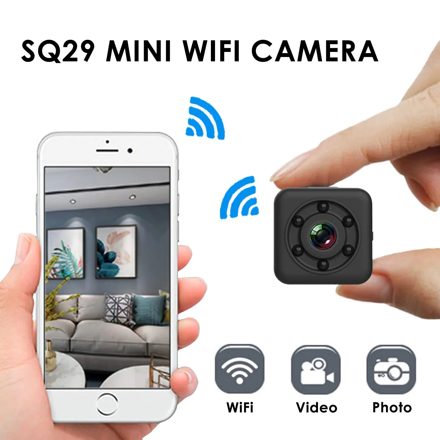 Black SQ29 waterproof sports camera with MicroUSB port and TF card slot.