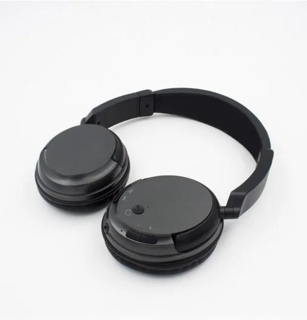 Black wireless stereo headphones with USB FM transmitter and 3.5mm audio cable