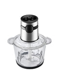 Electric meat grinder with stainless steel body and 3 L glass bowl, button digital display or touch screen