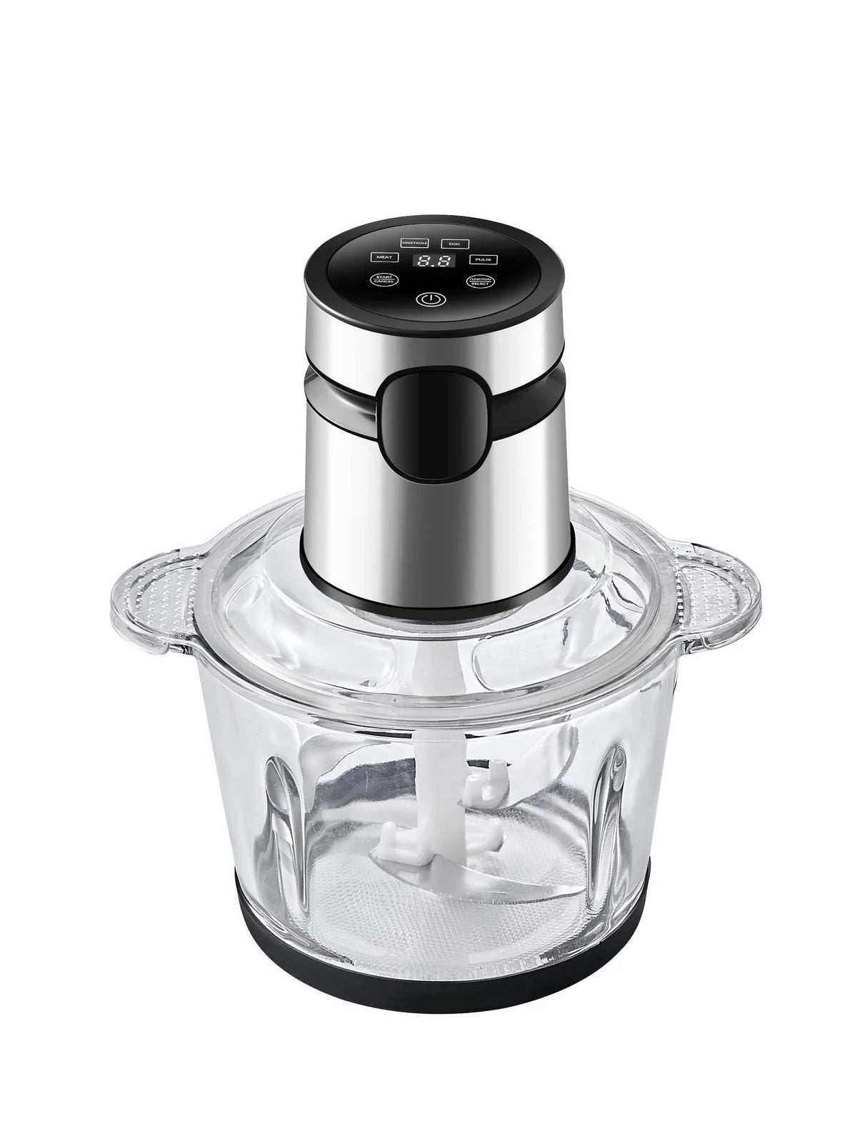 Electric meat grinder with stainless steel body and 3 L glass bowl, button digital display or touch screen