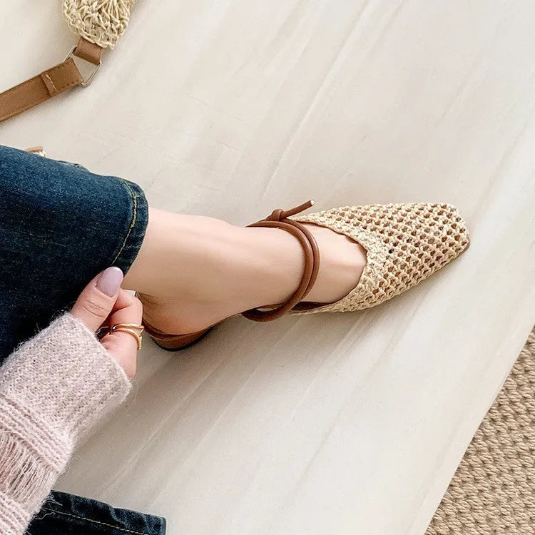 Women's French style square toe outdoor slippers with hollow-out breathable design and chunky retro heel
