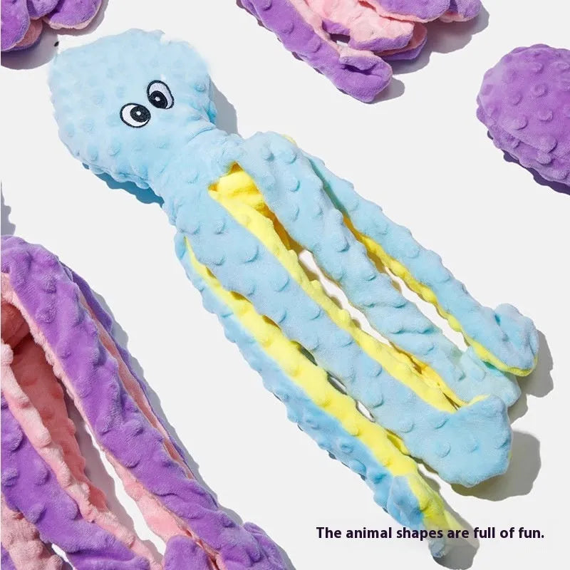 Blue crocheted long-legged octopus pet toy with ringing and creaking sounds on white background