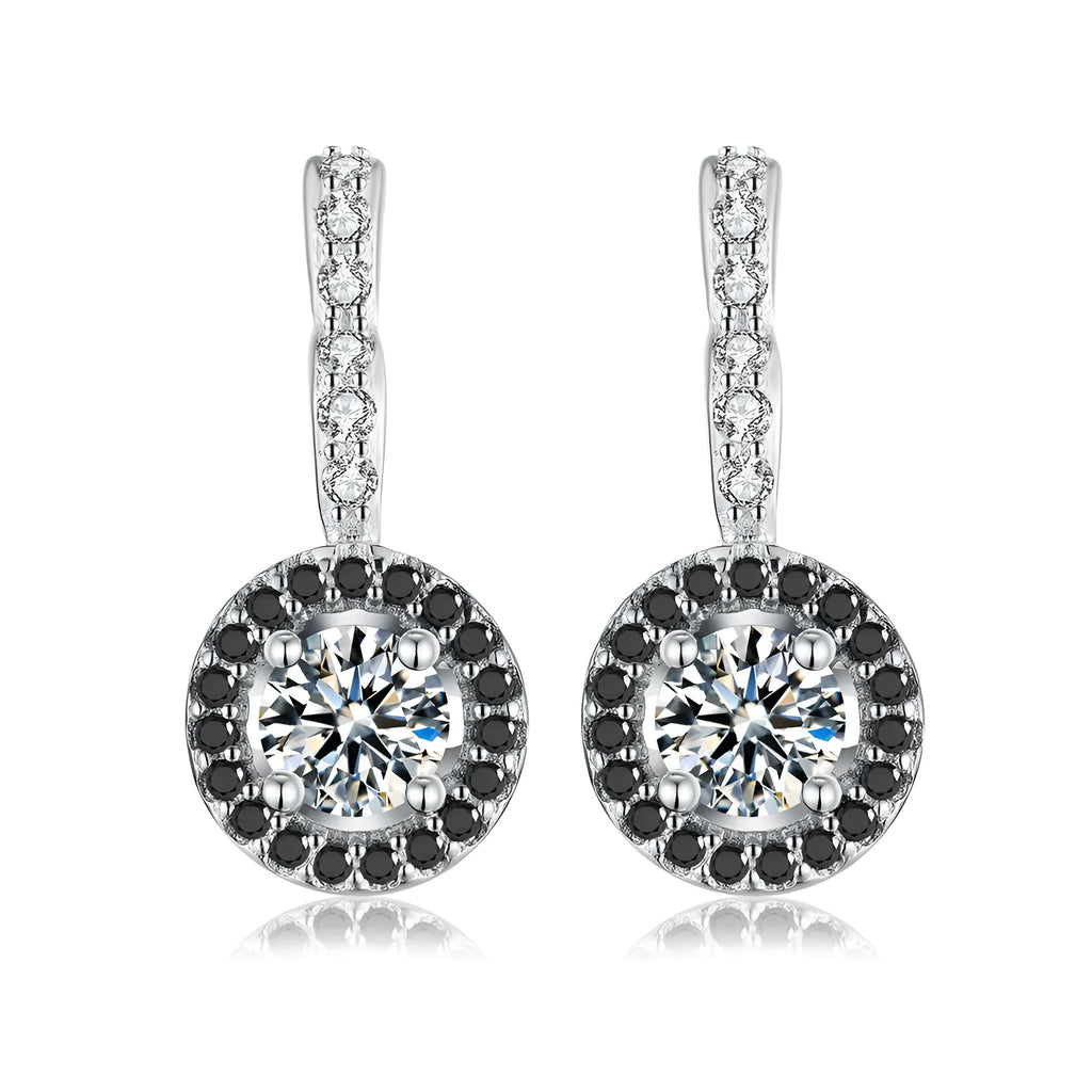 S925 sterling silver geometric drop earrings with black onyx and zircon inlay on white background