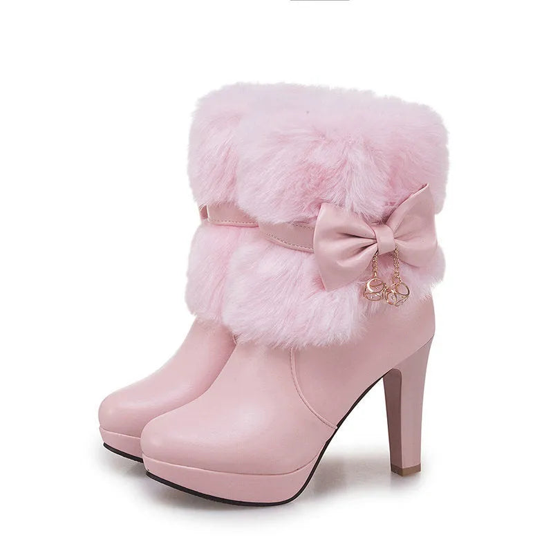 Women's short boots artificial PU thick heel 10cm round toe black pink white sizes 32-43