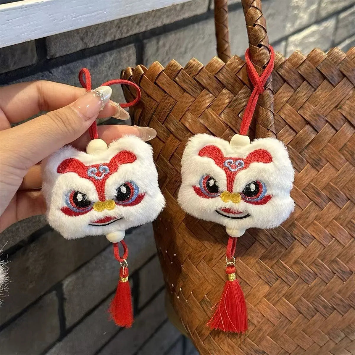 Chinese style blue plush lion keychain ornament with star stone decoration and yellow tassel