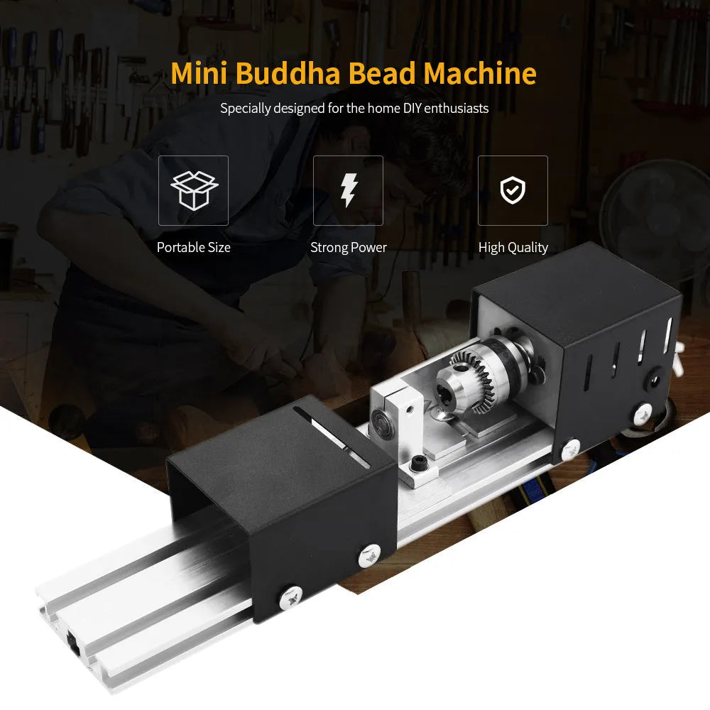 Mini manual woodworking lathe with silver metal construction and six carving knives
