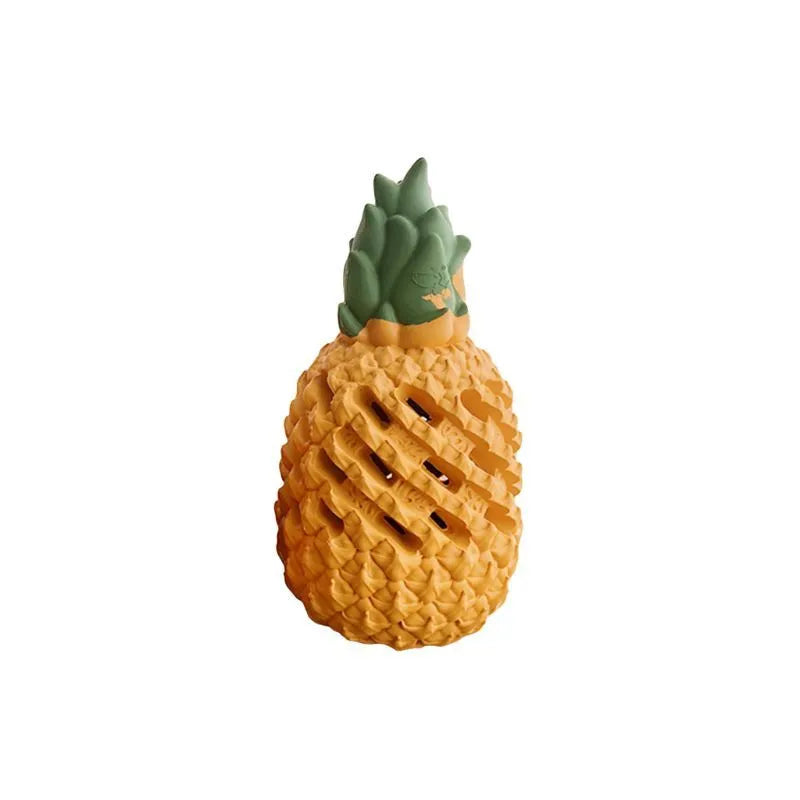 Yellow pet food leaking ball in pineapple shape made of non-toxic rubber, a dog chew toy treat dispenser