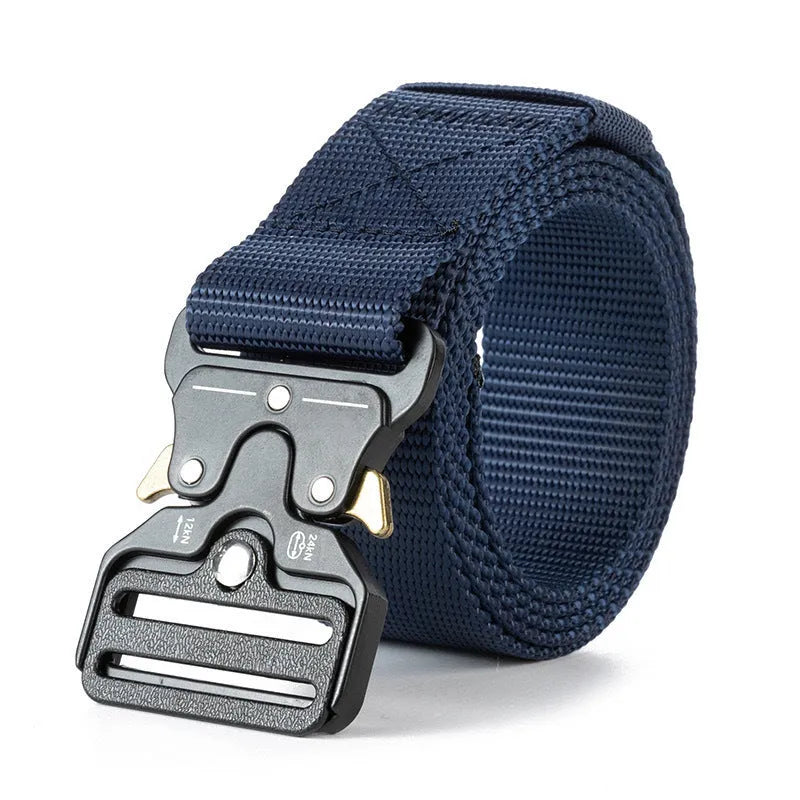 Men's tactical canvas belt with alloy release buckle in Army Green colour on a neutral background.
