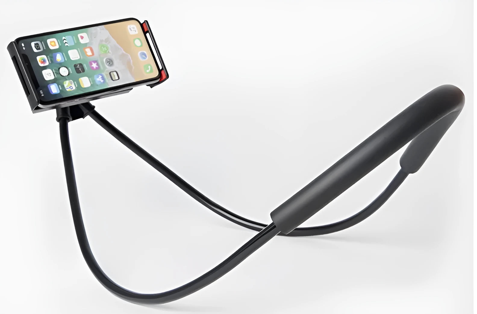 A white flexible neck strap phone holder with a 360-degree rotating clamp gripping a smartphone.