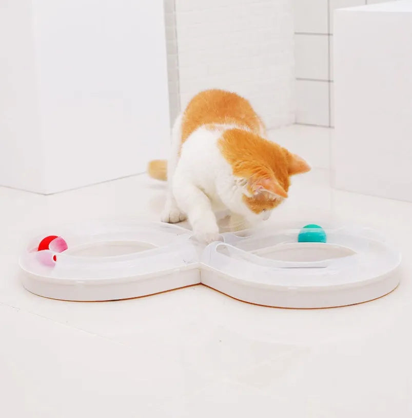 Cat toy turntable with interactive track ball dish in white and blue, size 50x24x5.5cm