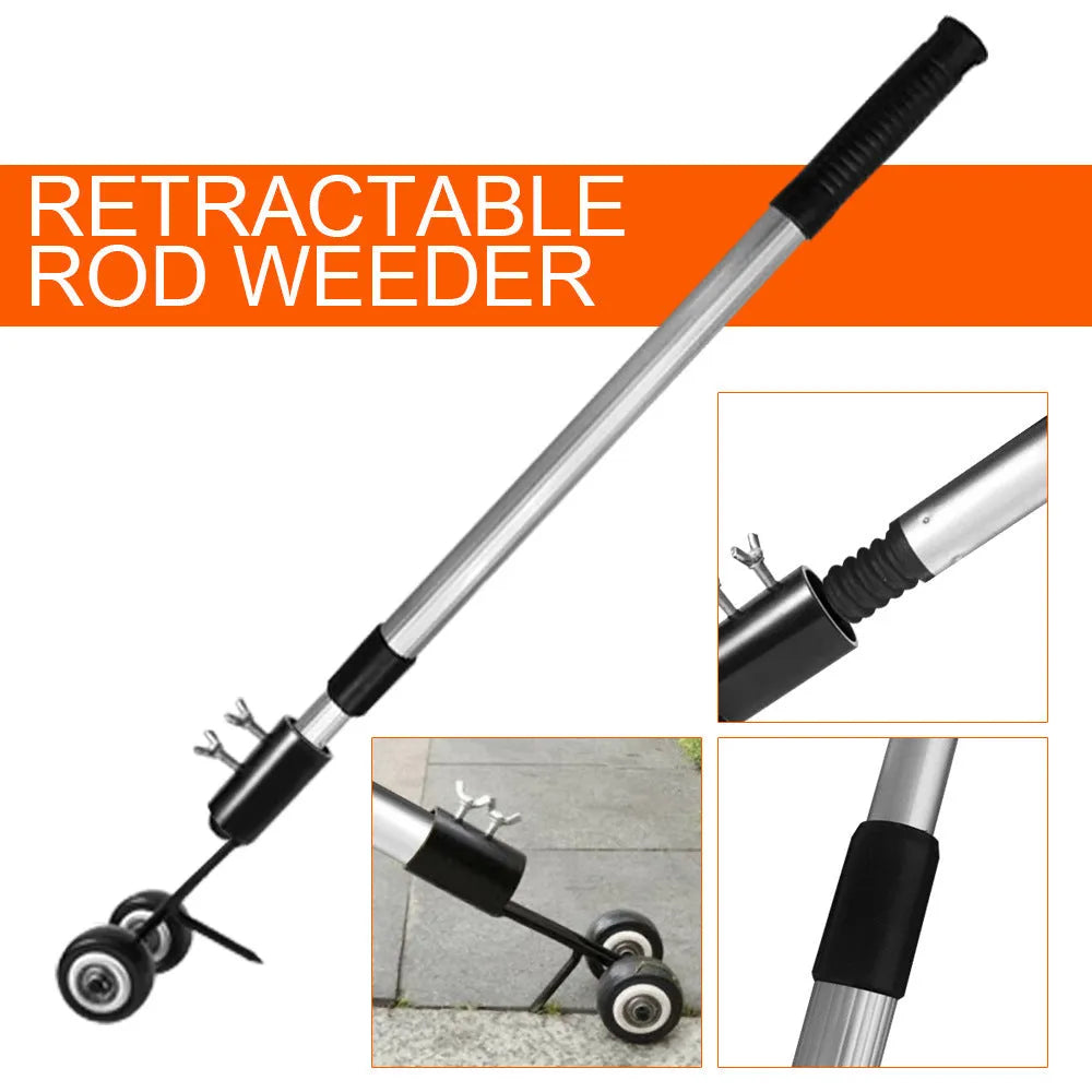 Manual garden weeder set with telescopic metal rod, gap weeder head, and sickle weeder for chemical-free weed removal