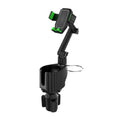 Green and grey ABS polycarbonate car drink rack and mobile phone holder on packaging.