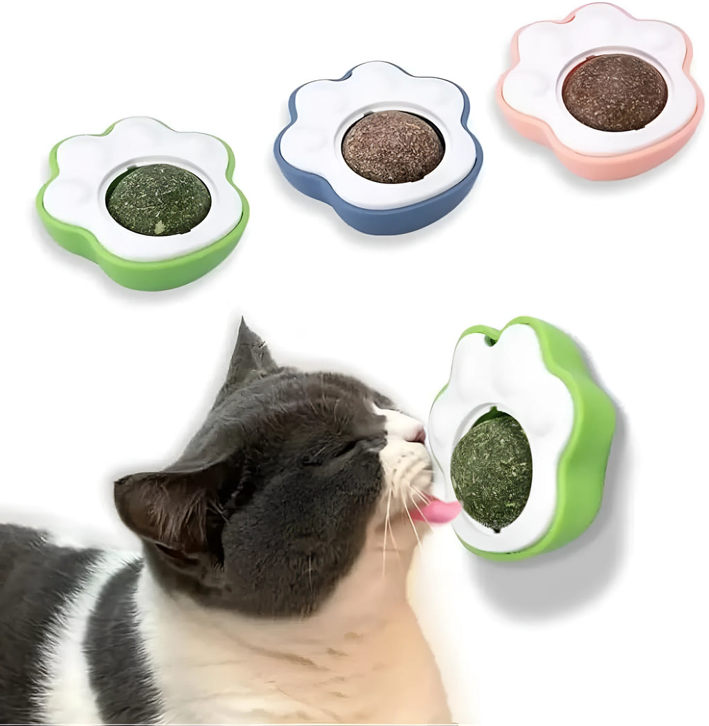 Blue, green, and pink edible vine catnip balls for cats, shown as dental chew and play toys.