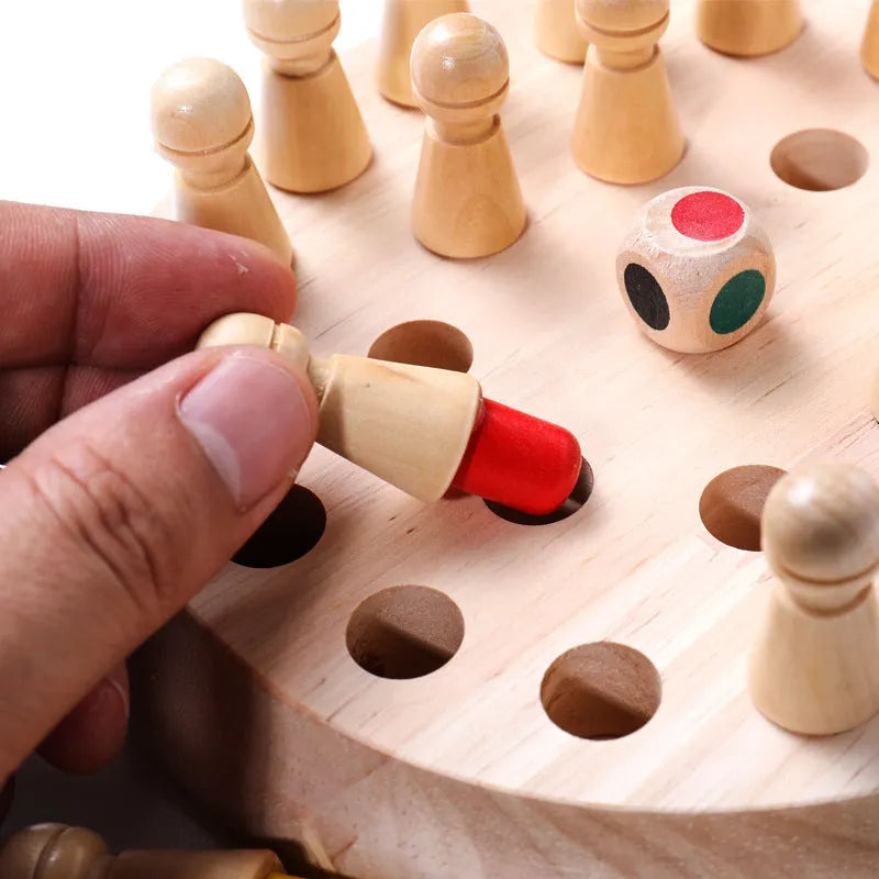 Children's beech wood memory chess game with board, pieces, and storage box for colour recognition learning.