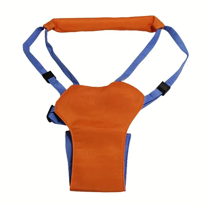 Baby toddler walking harness in orange and blue with adjustable strap and plastic locks