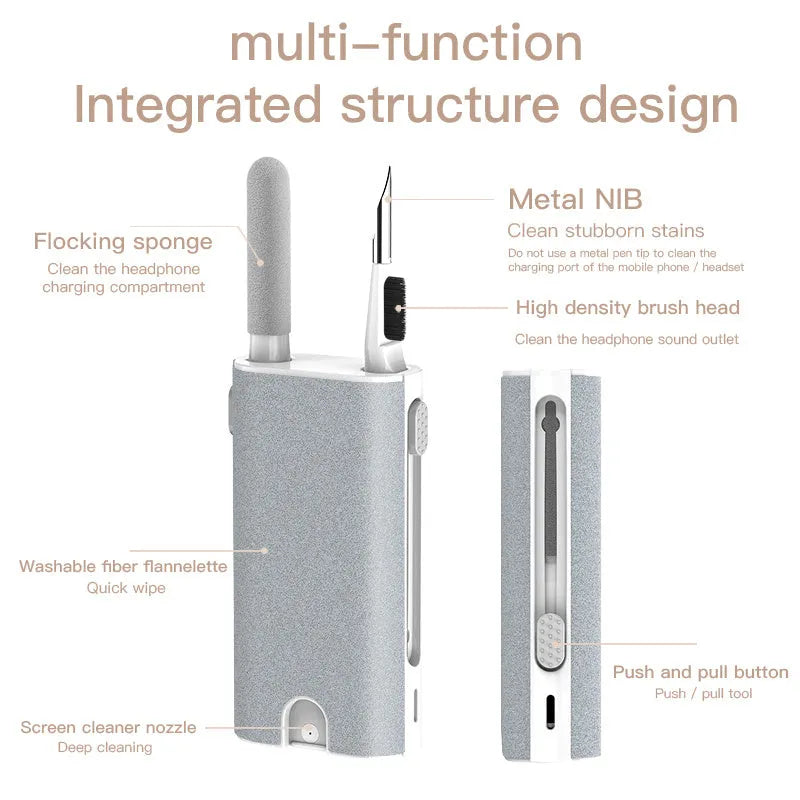 5-in-1 multifunctional screen and earphone cleaning pen kit with flocking sponge and metal tip.