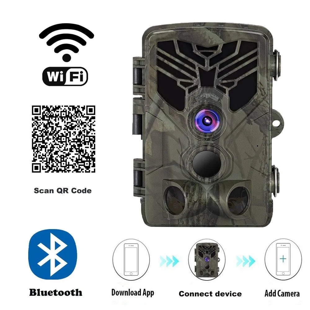 Wifi830 compact WiFi hunting camera with camouflage finish, showing lens and infrared LEDs