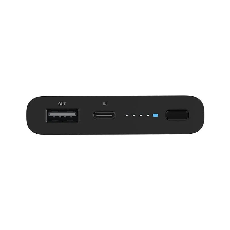 Black and white large capacity 10000mAh power bank showing USB-C port and wireless charging symbol.